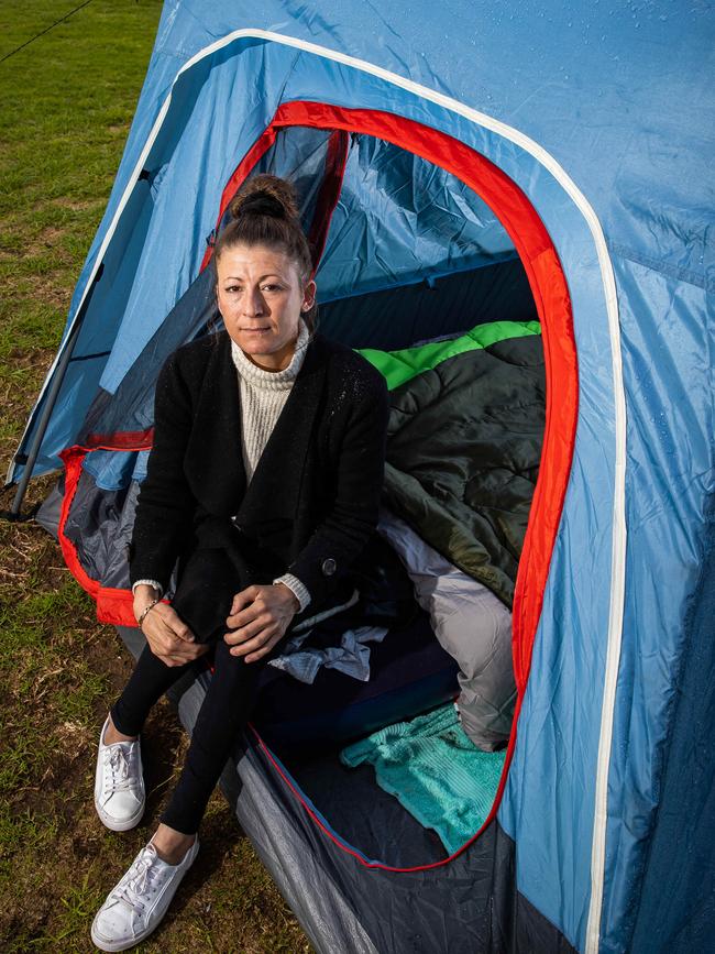 Meagan, a victim of the rental crisis, is living in a tent at West Beach Caravan Park. Picture: Tom Huntley