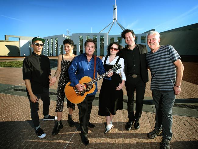 Diesel, Montaigne, Ross Wilson, Megan Washington, Kav Temperley and Daryl Braithwaite before performing at a Parliamentary Friends of Australian Music event at Parliament House in Canberra. Picture: Kym Smith