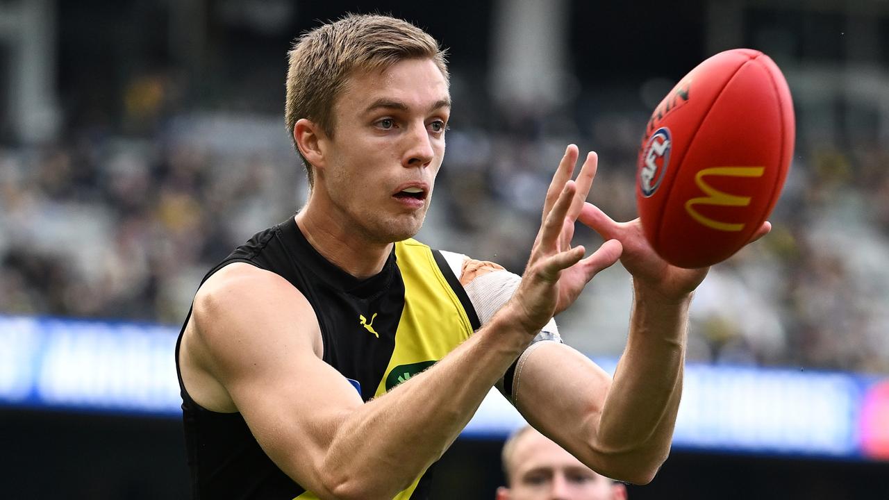 Richmond key defender Tylar Young suffered a suspected ACL tear early in Saturday’s 61-point VFL win over Essendon at the MCG. Picture: Daniel Pockett / Getty Images