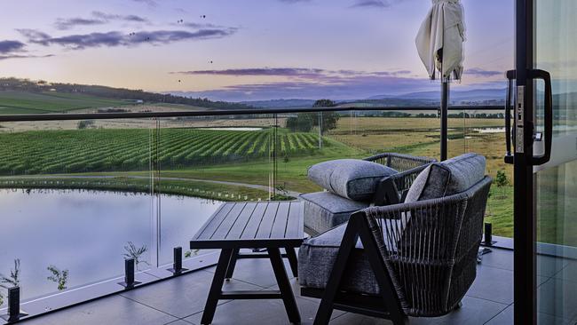 A view from the private balcony in one of the room's at the new hotel at Helen and Joey Estate in the Yarra Valley.