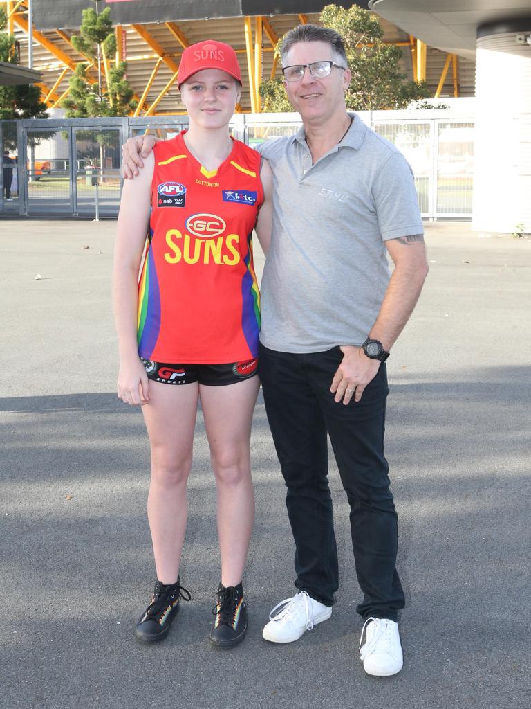 The Gold Coast Suns will host its first AFLW final when they take on the Sydney Swans on Saturday night. Craig and Rylee Mills. 11 November 2023 Carrara Picture by Richard Gosling