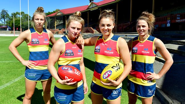 Crows AFLW players Kellie Gibson, Dayna Cox, Ebony Marinoff and Jenna McCormick at Norwood Oval. Picture: Mark Brake