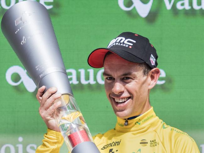 Richie Porte celebrates after winning the Tour de Suisse last month. Picture: Gian Ehrenzeller/Keystone via AP