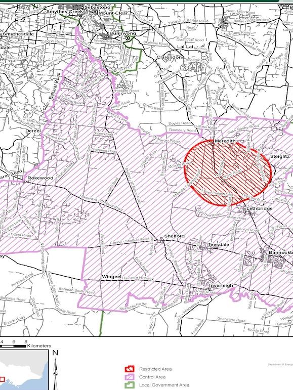 BIRD FLU, VICTORIA. The first case was detected on an egg farm in Meredith, where restricted area and control zones have been set up. Picture: Agriculture Victoria.