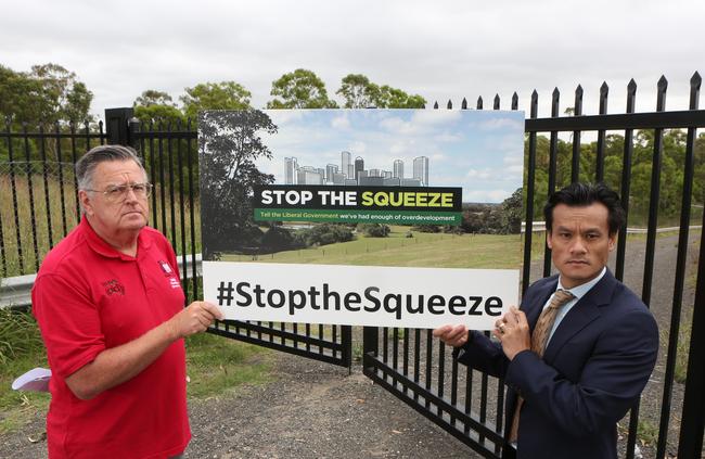 Local resident Philip Durbridge and MP Anoulack Chanthivong are opposed to a new proposal for increased density in Edmondson Park. Picture: Robert Pozo