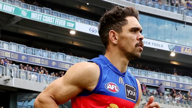 PERTH, AUSTRALIA - JULY 14: Charlie Cameron of the Lions runs out onto the ground during the 2024 AFL Round 18 match between the West Coast Eagles and the Brisbane Lions at Optus Stadium on July 14, 2024 in Perth, Australia. (Photo by Will Russell/AFL Photos via Getty Images)