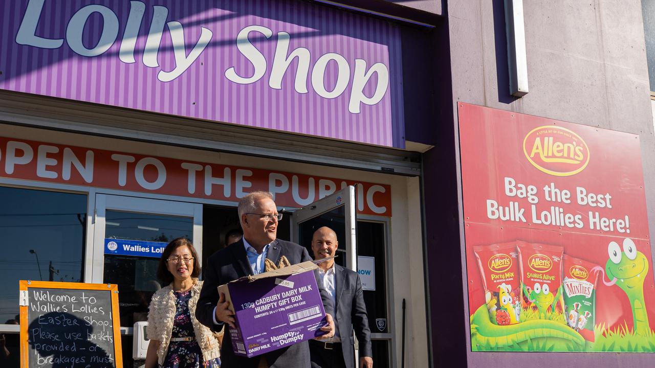 Prime Minister Scott Morrison visits Wallies Lollies in Box Hill South, Victoria, also attending is Ms Gladys Liu, member for Chisholm, Picture: Jason Edwards