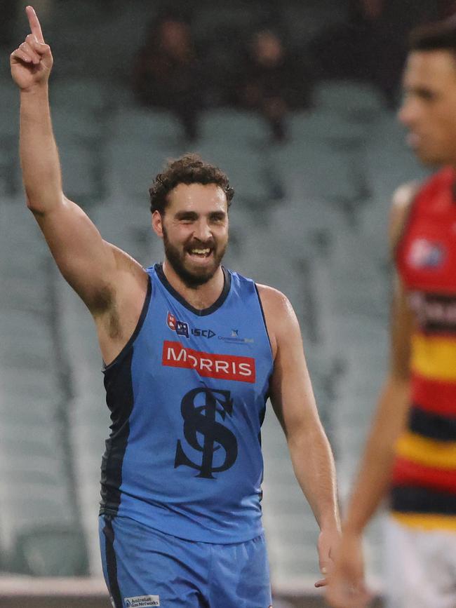 Sturt’s Abe Davis celebrates one of his six goals against Adelaide on Saturday. Picture: SANFL Image/David Mariuz.