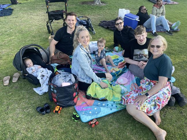 Finn, Sam Jones, Emma, Raffy, Charles, Nick and Jane at Cowes Foreshore on Phillip Island for the 2024 New Year's Eve fireworks. Picture: Jack Colantuono