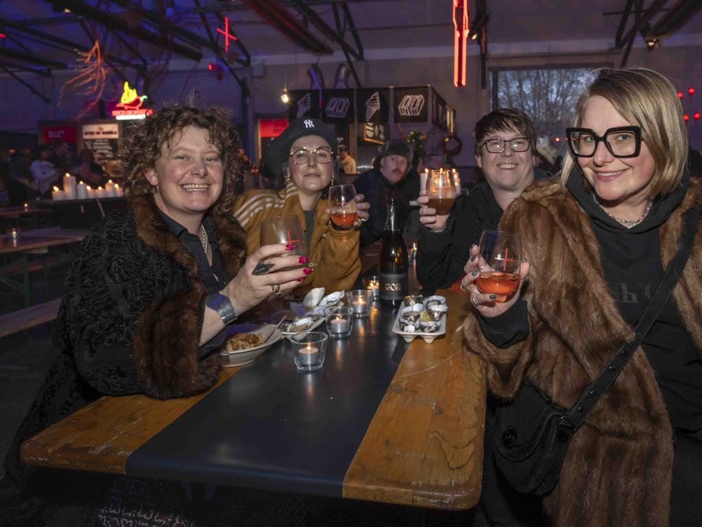 Ruth Garry, Sally Taylor, Drew Lane and Elizaveta Maltseva at Winter Feast, part of Dark Mofo at Hobart Waterfront. Picture: Caroline Tan