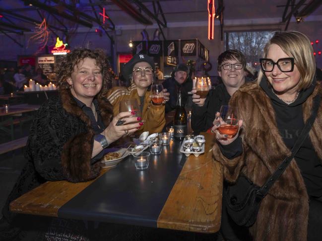Ruth Garry, Sally Taylor, Drew Lane and Elizaveta Maltseva at Winter Feast, part of Dark Mofo at Hobart Waterfront. Picture: Caroline Tan