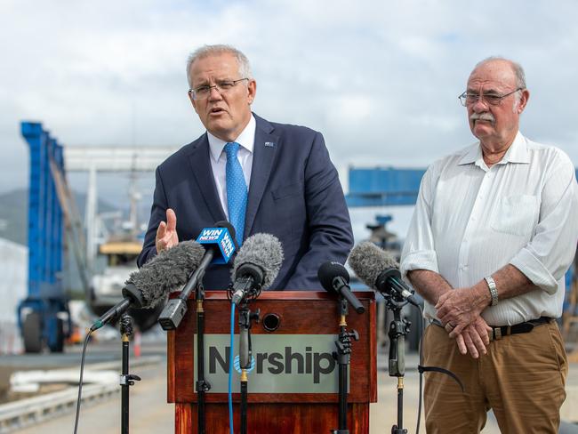 Scott Morrison, out on the campaign trail with Leichhardt MP Warren Entsch, says Labor’s pension scare campaign is an ‘absolute lie’. Picture: Jason Edwards