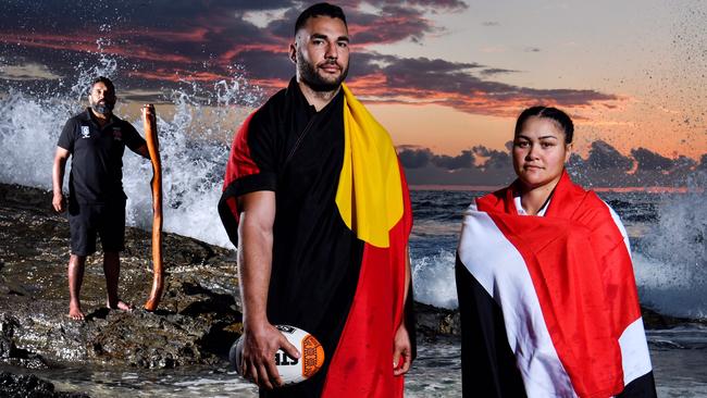 Preston Campbell, Ryan James and Rona Peters ahead of 2020 NRL Harvey Norman All Stars game that will return to the Gold Coast in 2020. Photo: Grant Trouville/NRL