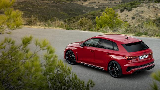 The RS3’s five-cylinder engine brings Lamborghini sound on a Tesla budget.