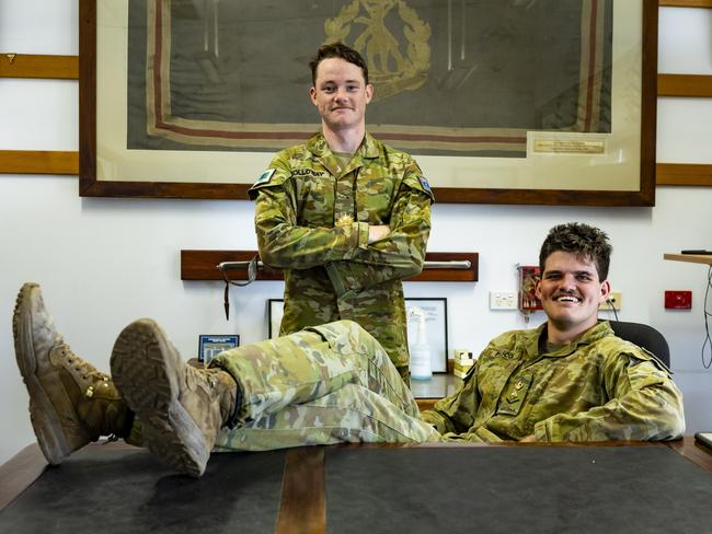 Australian Army soldiers Lance Corporal Ben Pascoe and Private Shanon Holloway from 1st Battalion, The Royal Australian Regiment take on the roles of Commanding Officer and Regimental Sergeant Major for the day at Lavarack Barracks Townsville, Queensland PHOTO: TPR Dana Millington