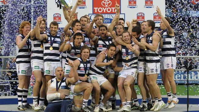 Geelong celebrates winning the 2011 flag – its third in five years.