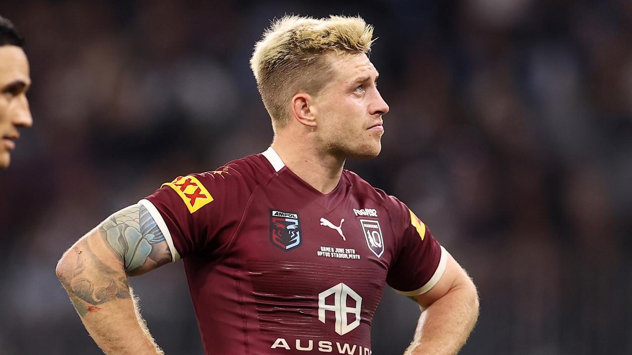 PERTH, AUSTRALIA - JUNE 26: Cameron Munster of the Maroons looks dejected after a try to Nathan Cleary of the Blues during game two of the State of Origin series between New South Wales Blues and Queensland Maroons at Optus Stadium, on June 26, 2022, in Perth, Australia. (Photo by Mark Kolbe/Getty Images)