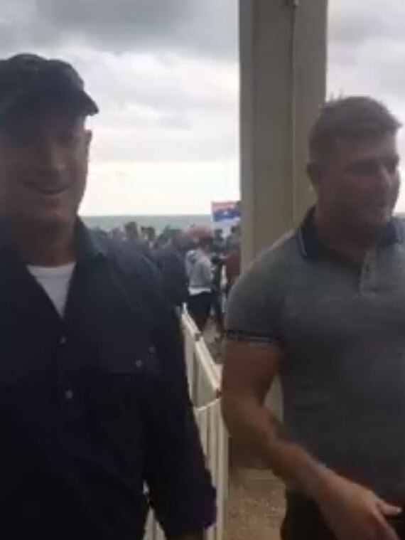 Fraser Anning pictured with United Patriots front leader Blair Cottrell during the rally at St Kilda.