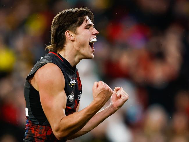 MELBOURNE, AUSTRALIA - MAY 20: Sam Durham of the Bombers celebrates a match winning goal during the 2023 AFL Round 10 match between the Essendon Bombers and the Richmond Tigers at the Melbourne Cricket Ground on May 20, 2023 in Melbourne, Australia. (Photo by Dylan Burns/AFL Photos via Getty Images)