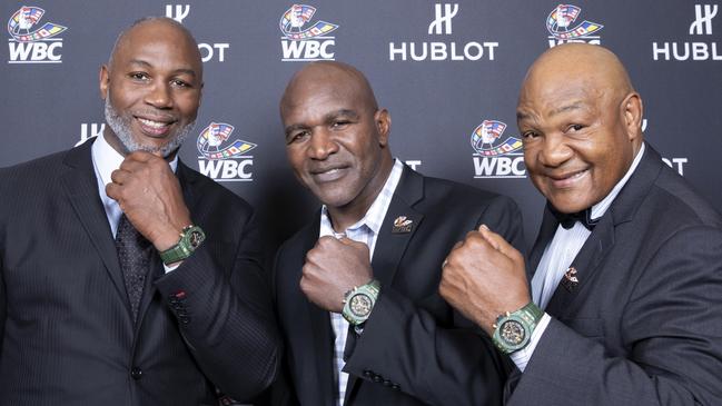 Lennox Lewis, Evander Holyfield and George Forman, attend the Hublot x WBC "Night of Champions" Gala at the Encore Hotel on May 3, 2019 in Las Vegas, Nevada. Picture: Getty