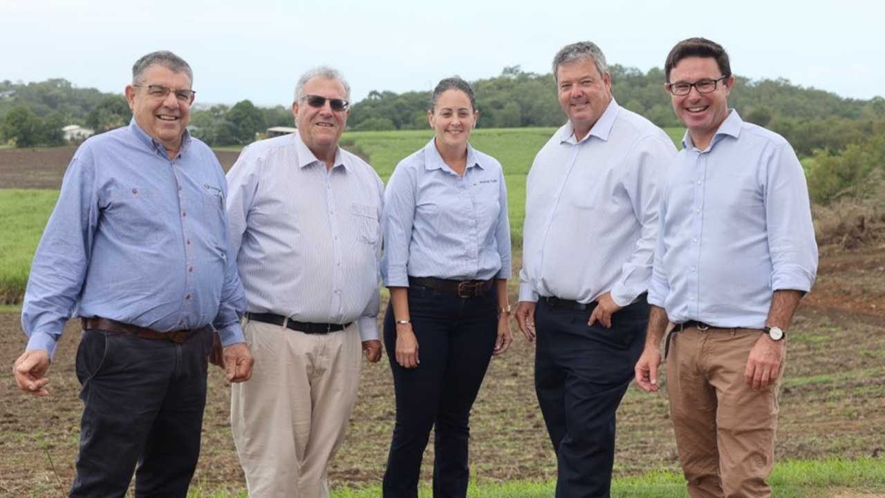 (From left to right) Mackay Canegrowers chairman Kevin Borg, Canegrowers Queensland chairman Paul Schembri, Australian Sugar Milling Council director Carissa Mansfield, Dawson Nationals candidate Andrew Willcox and Agriculture Minister David Littleproud in Mackay on April 29. Mr Littleproud announced a new $592,000 grant to export sugar exporters diversify into new markets. Picture: Contributed