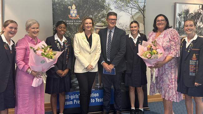 New St Hilda's principal Mrs Virginia Warner pictured after the service with School Council Chair Catherine O’Sullivan, Division 6 councillor Brooke Patterson, Southport MP Rob Molhoek and Senior Prefects - School Captain Tharangini Thirumurugan, Head Day Girl Stella Waller, Head Boarder Ella Ramsay, School Sports Captain Holly Bertwistle.