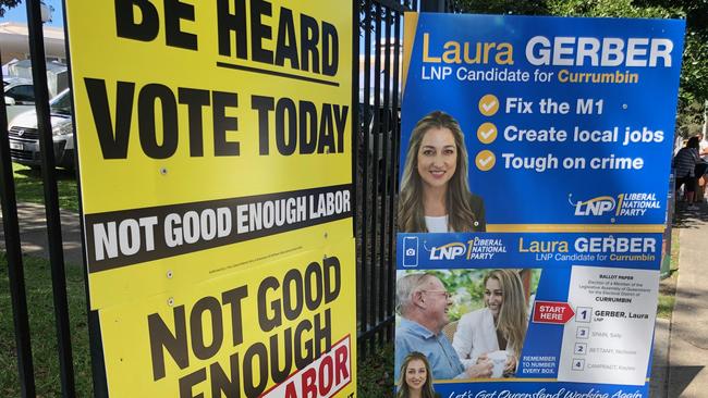 Signage at Palm Beach during the 2020 Currumbin by-election. Picture: Paul Weston