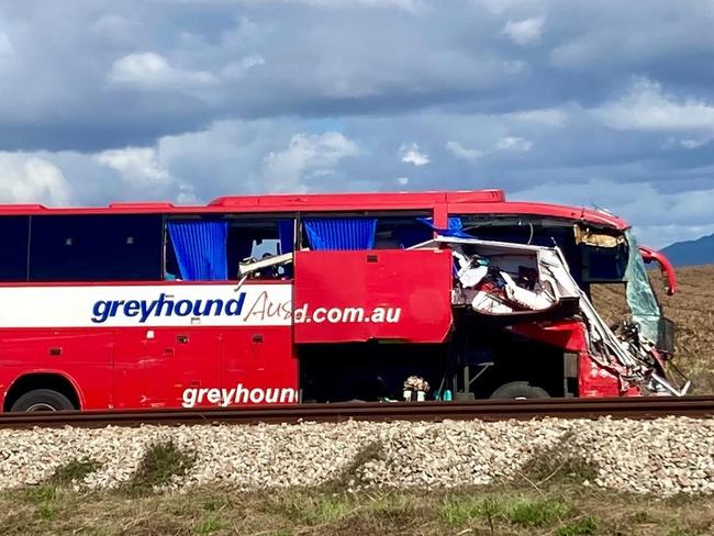 Photos posted on social media from the scene of a horror Greyhound bus crash on the Bruce Highway between Bowen and Townsville.  Picture: Supplied