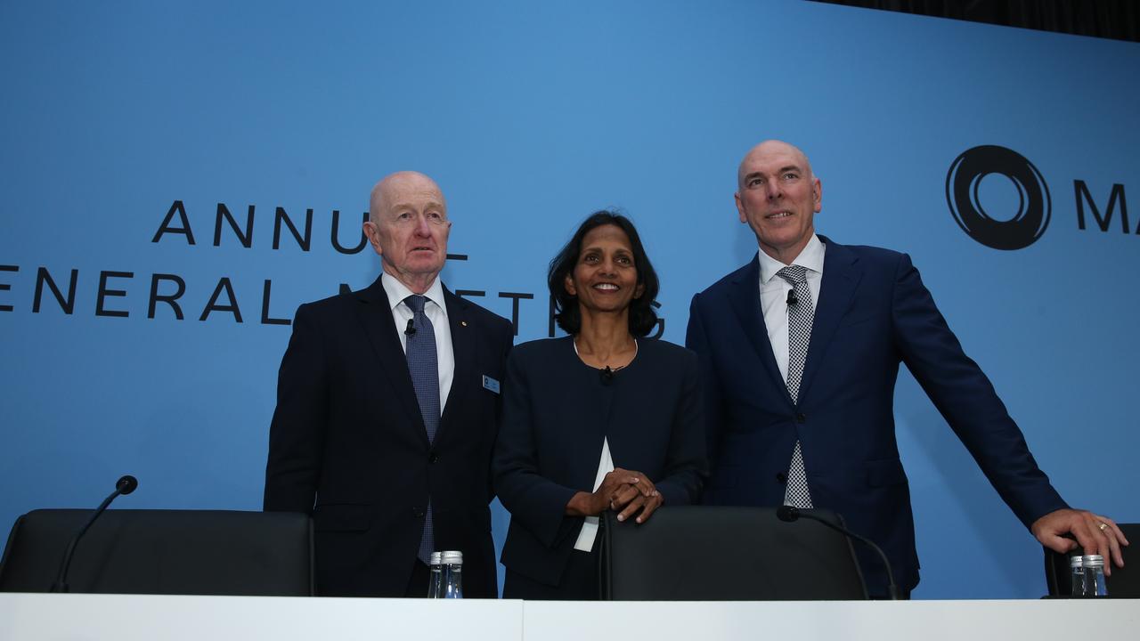 From left: Macqaurie Group Chairman Glenn Stevens, CEO Shemara Wikramanayake and CFO Alex Harvey at the company’s AGM in Sydney on Thursday. Picture: Britta Campion