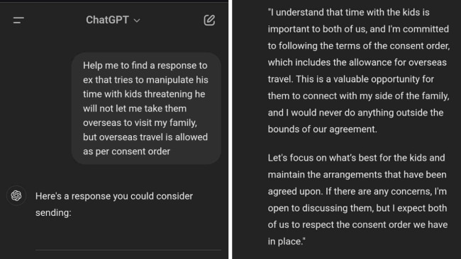 Chat GPT allows the mum to reply in a way that won't get her into strife. Image: Supplied