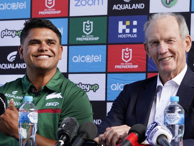 SYDNEY, AUSTRALIA - JANUARY 13: Latrell Mitchell speaks to the media with Souths Head Coach Wayne Bennett during a South Sydney Rabbitohs NRL press conference at Redfern Oval on January 13, 2020 in Sydney, Australia. (Photo by Mark Evans/Getty Images)