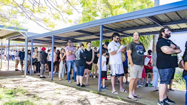 People line up for their Covid vaccinations at Bray Park State High School on Saturday. Picture: Richard Walker