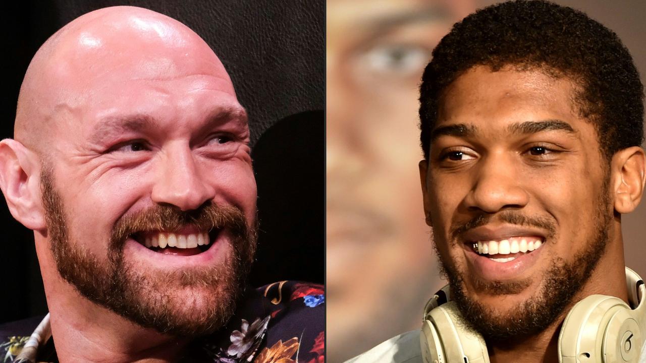 (COMBO) This combination of pictures created on December 14, 2020 shows Boxer Tyson Fury (L) during a press conference in Los Angeles, California on January 25, 2020, and British heavyweight boxer Anthony Joshua during a press conference in Ad Diriyah, a Unesco-listed heritage site, outside Riyadh, on December 4, 2019. - Anthony Joshua's promoter Eddie Hearn says a deal for his man to fight Tyson Fury in an all-British world heavyweight unification bout in 2021 could take as little as two days to complete. Plans for a "Battle of Britain" have accelerated after Joshua, 31, stopped Bulgarian veteran Kubrat Pulev in the ninth round at Wembley Arena on December 12 to retain all three of his belts. (Photos by RINGO CHIU and FAYEZ NURELDINE / AFP)