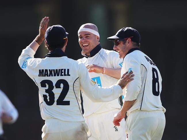 Jayde Herrick celebrates with Glenn Maxwell and David Hussey after dismissing Steve Smith in a Sheffield Shield game at the SCG.