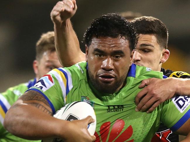Raiders Junior Paulo breaks thru in the Canberra Raiders vs Penrith Panthers in the Second Elimination Final at GIO Stadium in Canberra. Picture Kym Smith