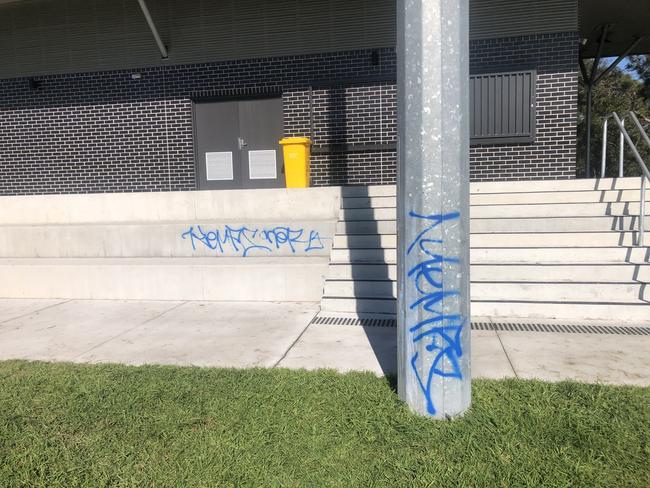 Graffiti smeared on the new amenities block at Nolan Reserve, North Manly. Picture: Tom England