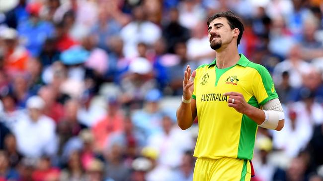 Australia’s Mitchell Starc reacts after being hit for four against England at Edgbaston. Picture: AFP