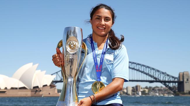 Sydney FC captain Teresa Polias with the W-League trophy last year.