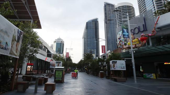 Surfers Paradise wakes up to its first day in lockdown due to the latest CoVid-19 scare. . Picture Glenn Hampson