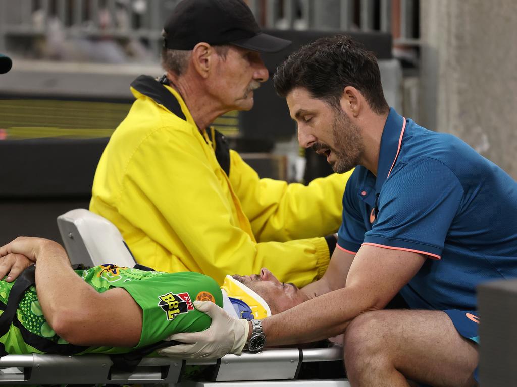 Daniel Sams is taken from the field on the medi-cart. Picture: Getty Images