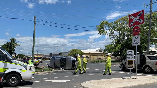 A car has flipped onto its side during a two-vehicle smash in Rockhampton's CBD on February 11. Photo Pam McKay.