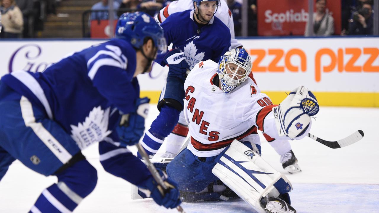 Caroline Hurricanes emergency goalie David Ayres makes a save against the Toronto Maple Leafs. Photo via @SportsCentre on Twitter.