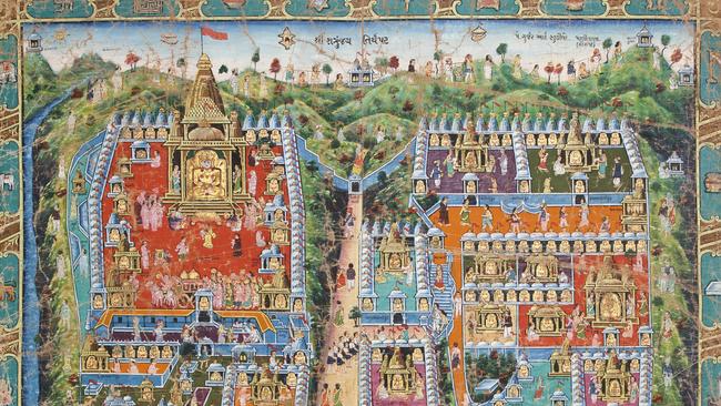 A 1957 painting on cloth shows a pilgrimage to the Satrunjaya temple in Gujarat, India