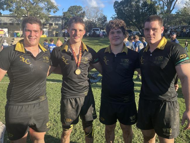 St Laurence's Doubles Daley winner, flanker Henry Page, second from the left, with the front row of Luke Smith, far left, hooker Brad Smith and prop Vin Rix, far right.