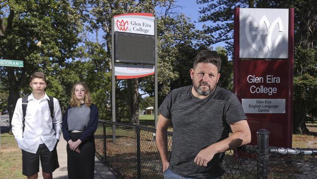 Glen Eira College parent Jonathan Schauder, with kids Daniel and Hannah, is furious and wanting answers after Hebrew Language was scrapped from the public school.  Picture: Wayne Taylor 