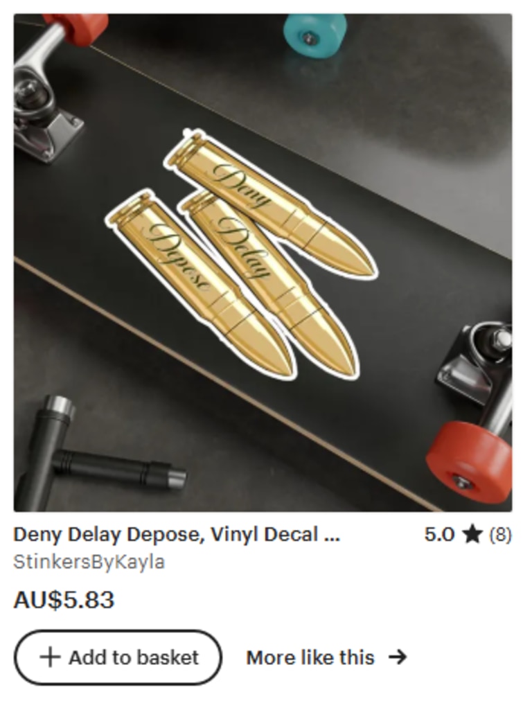 Merchandise with the words “Defend, Depose, Deny” have flooded online retail marketplaces Picture: Etsy