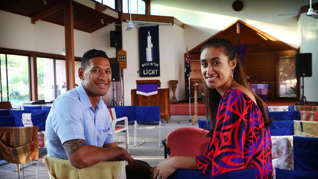 14/04/2019: Israel Folau with his wife Maria Folau at Kenthurst Uniting Church after a Sunday service. Hollie Adams/The Australian