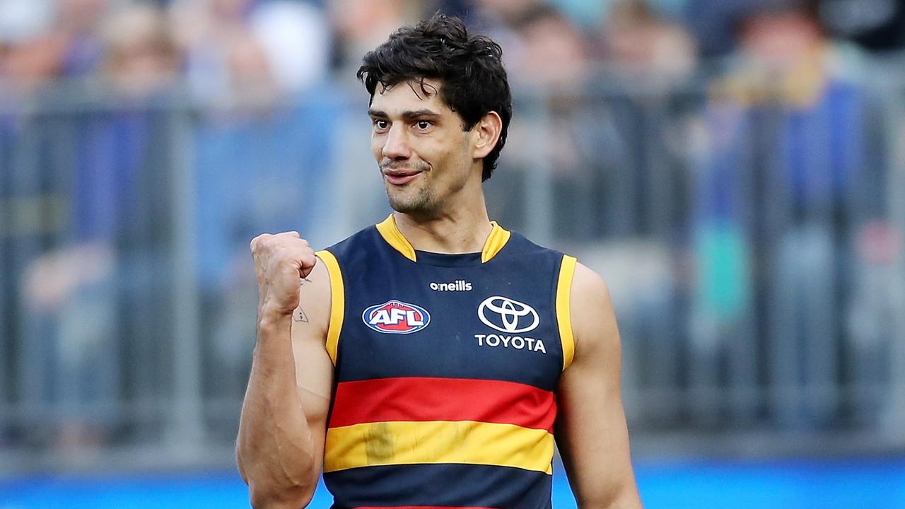 PERTH, AUSTRALIA - AUGUST 07: Shane McAdam of the Crows celebrates after scoring a goal during the 2022 AFL Round 21 match between the West Coast Eagles and the Adelaide Crows at Optus Stadium on August 7, 2022 in Perth, Australia. (Photo by Will Russell/AFL Photos via Getty Images)