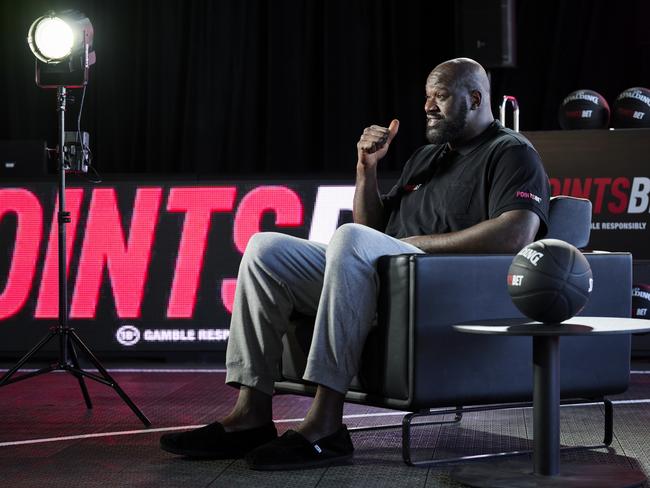 SYDNEY, AUSTRALIA - AUGUST 28: Shaquille O'Neal is interviewed during the PointsBet Built Differently Media Event at Cargo Hall on August 28, 2022 in Sydney, Australia. (Photo by Brett Hemmings/Getty Images for TLA)