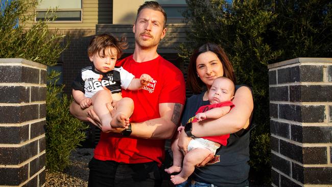 Tyrone and Stefani Folino with children Benny, 17 months, and Sammy, 5 months, have been in lockdown since the initial hotspot lockdowns. Picture: Mark Stewart